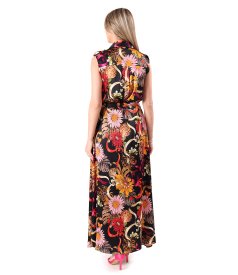 Long satin viscose dress with floral print