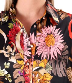 Long satin viscose dress with floral print