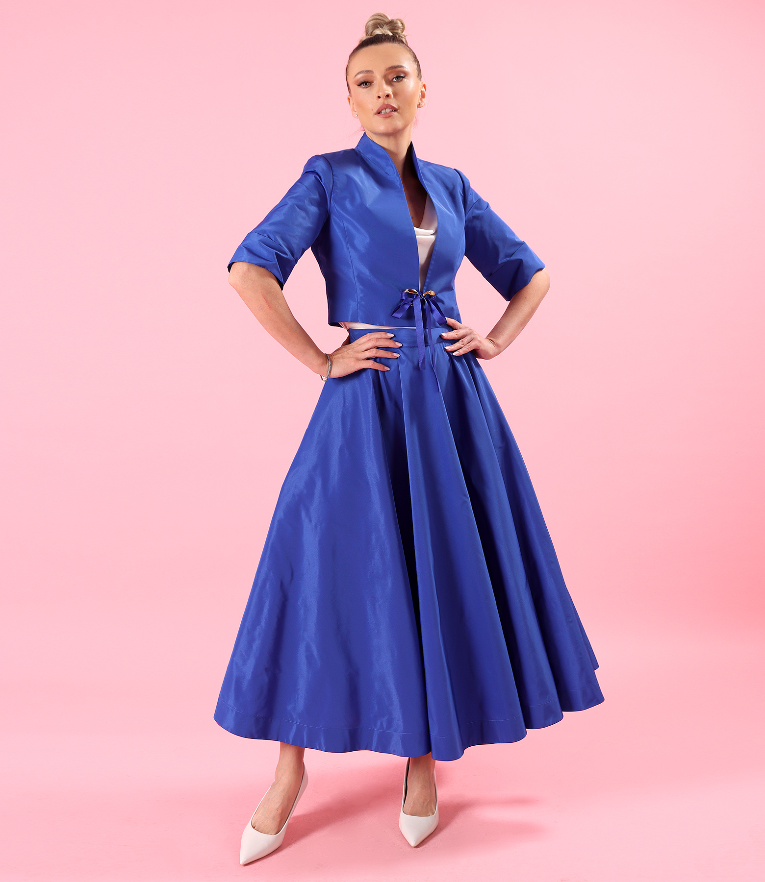 Cocktail outfit with long skirt and bolero in lightweight shot taffeta