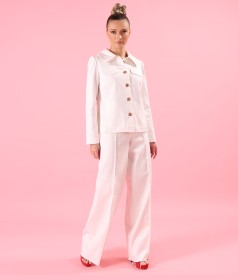 Sacou si pantaloni largi din bumbac tip denim alb-ecru