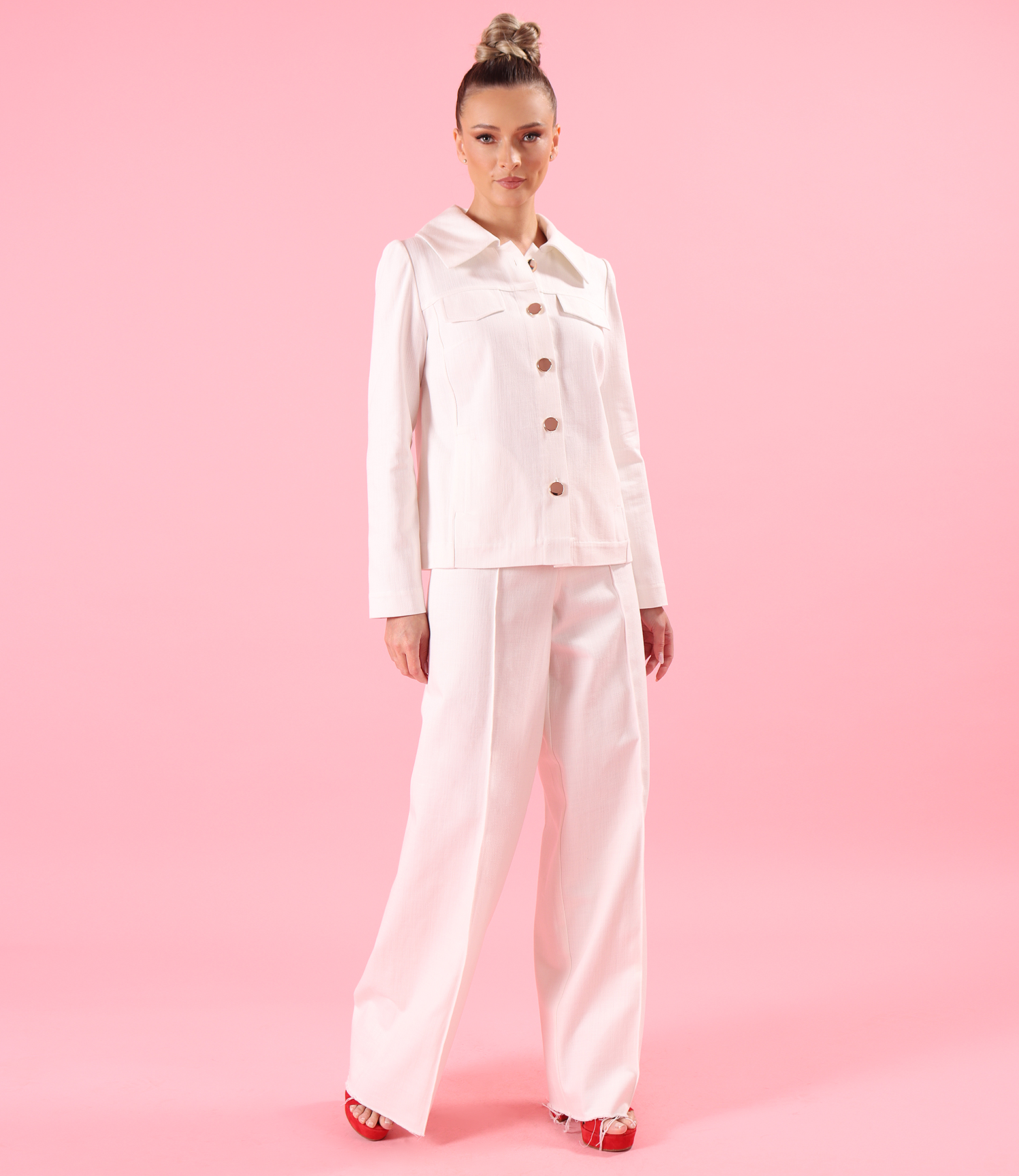 Jacket and wide-leg cotton denim-style trousers in off-white