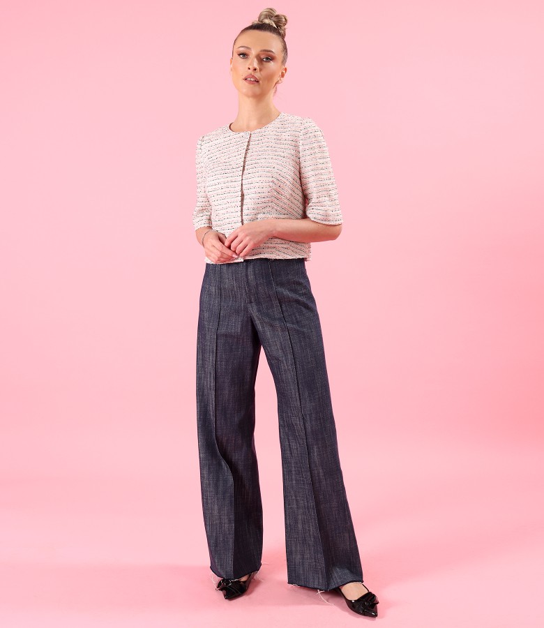 Lace jacket with cotton and textured yarn with wide-leg denim trousers