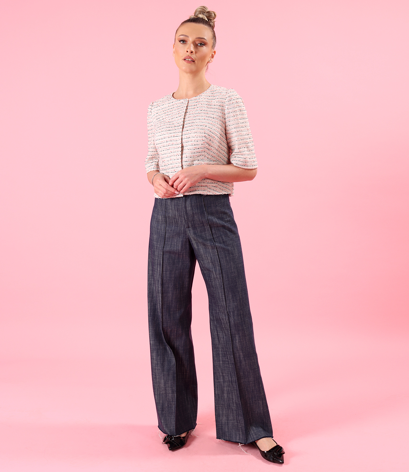 Lace jacket with cotton and textured yarn with wide-leg denim trousers