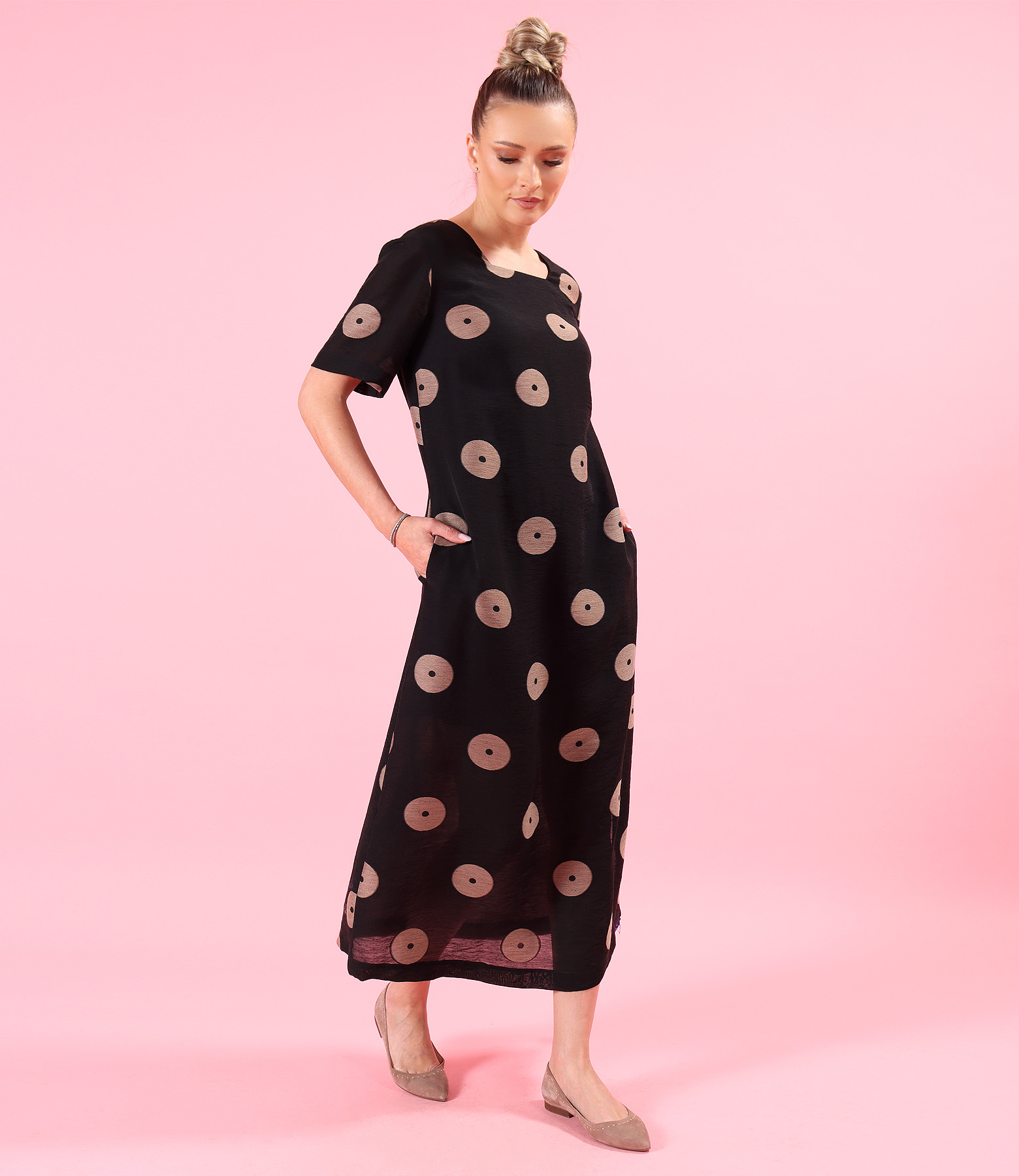 Long elegant viscose and linen-blend jacquard dress