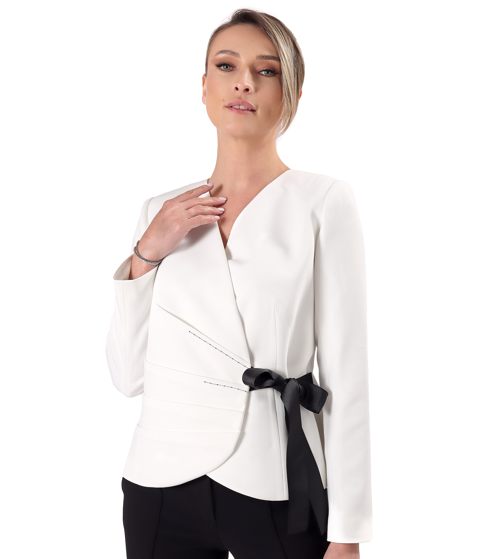 Elegant jacket in stretch viscose-blend fabric with front pleats