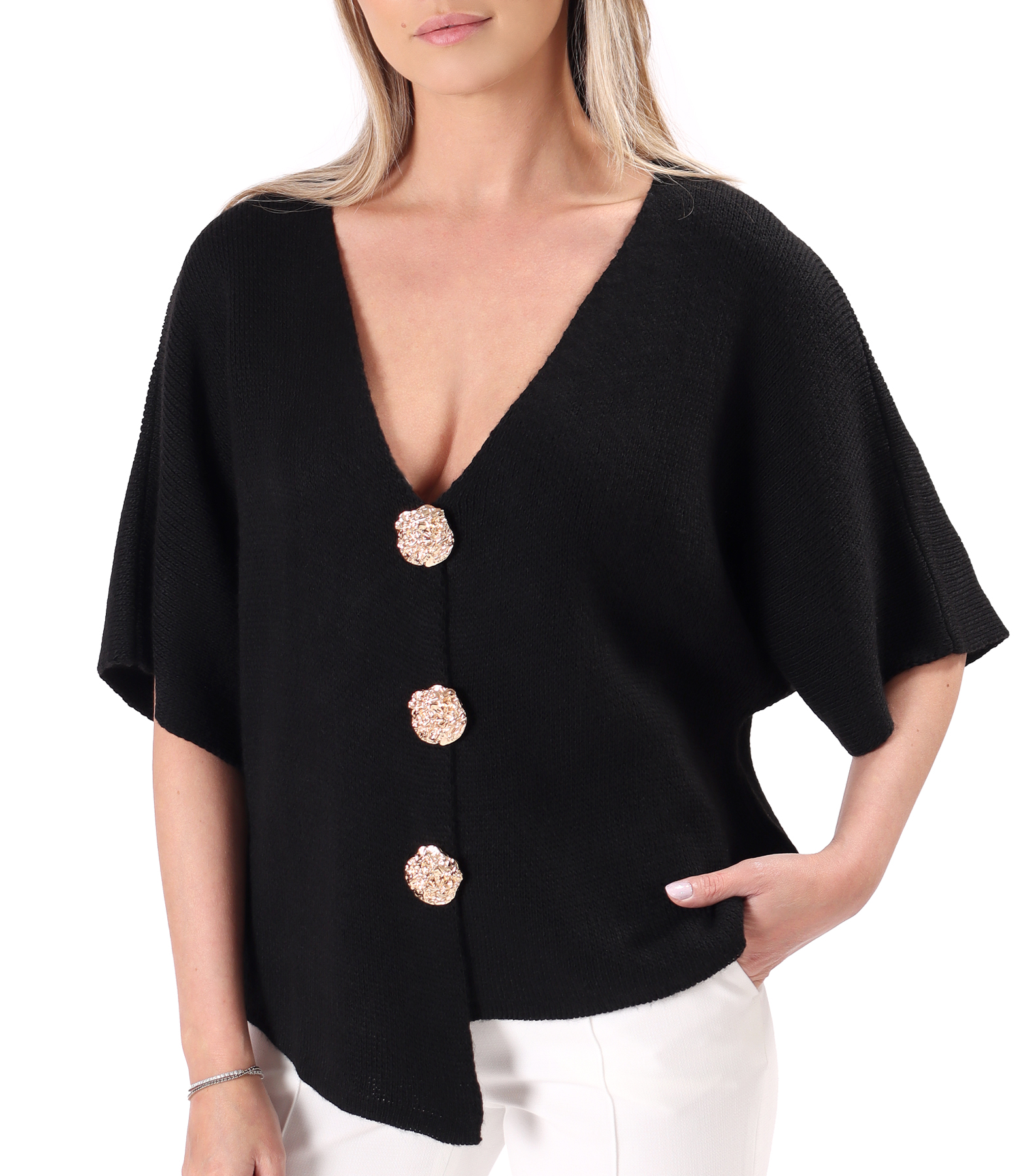 Relaxed-fit knitted cardigan with gold brooch-style buttons