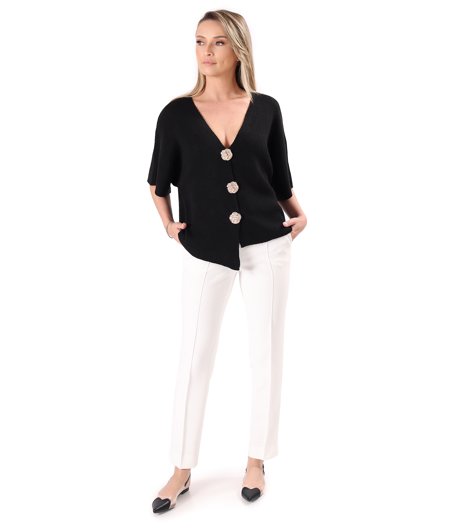 Relaxed-fit knitted cardigan with gold brooch-style buttons
