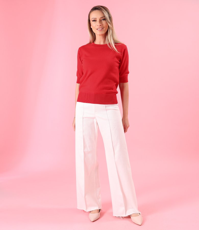 Fine-knit cotton blouse with short sleeves