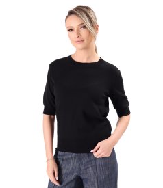 Fine-knit cotton blouse with short sleeves