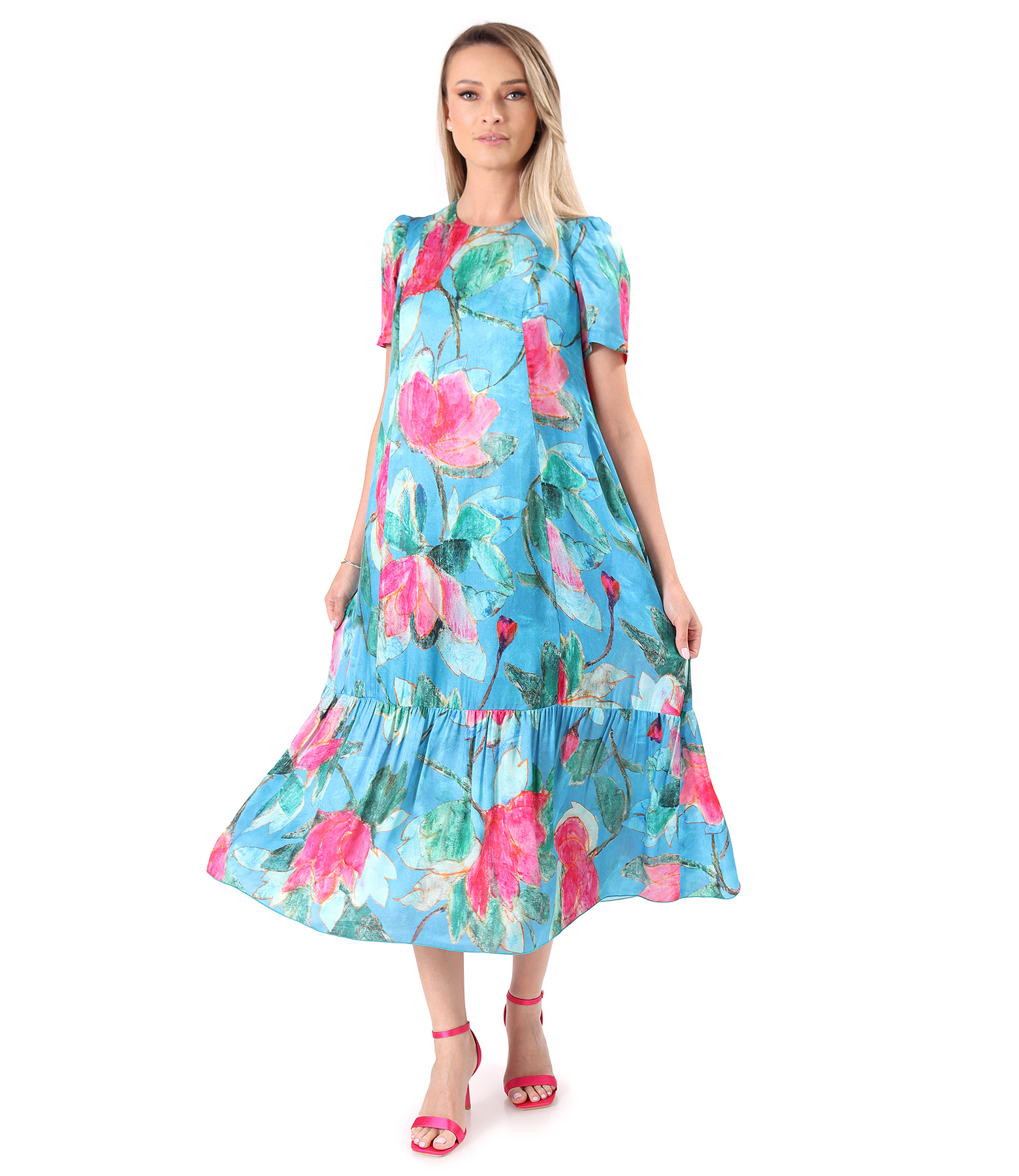 Relaxed-fit midi dress in viscose and silk with floral print