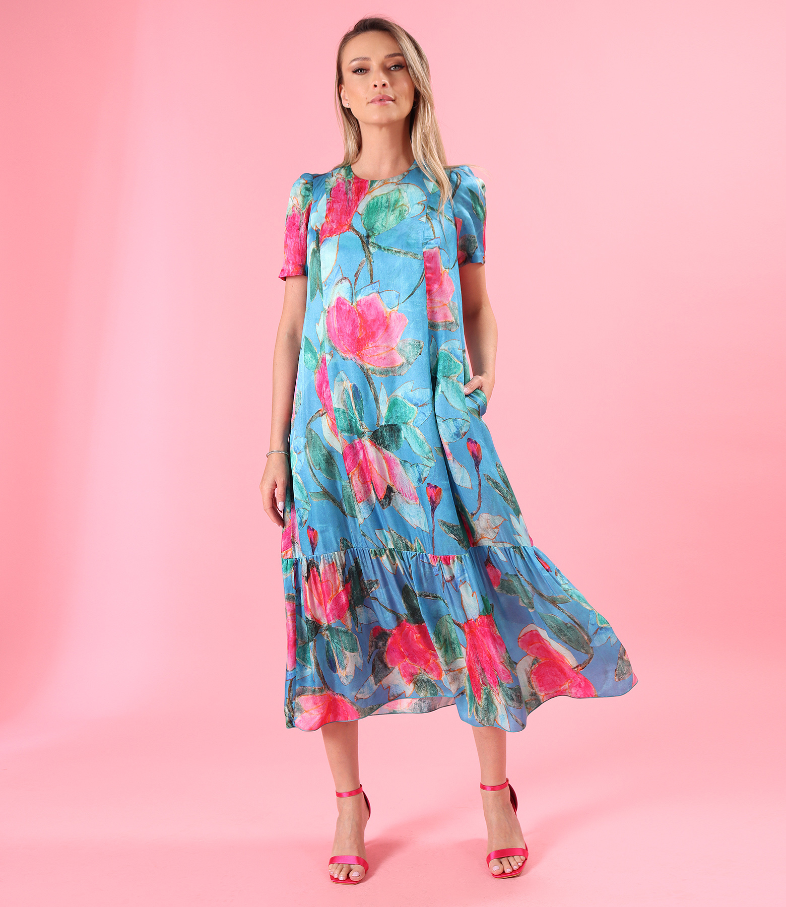 Relaxed-fit midi dress in viscose and silk with floral print