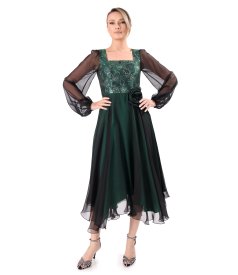 Midi evening dress with metallic floral jacquard bodice