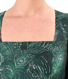 Midi evening dress with metallic floral jacquard bodice