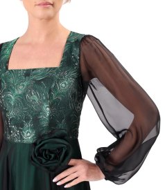 Midi evening dress with metallic floral jacquard bodice