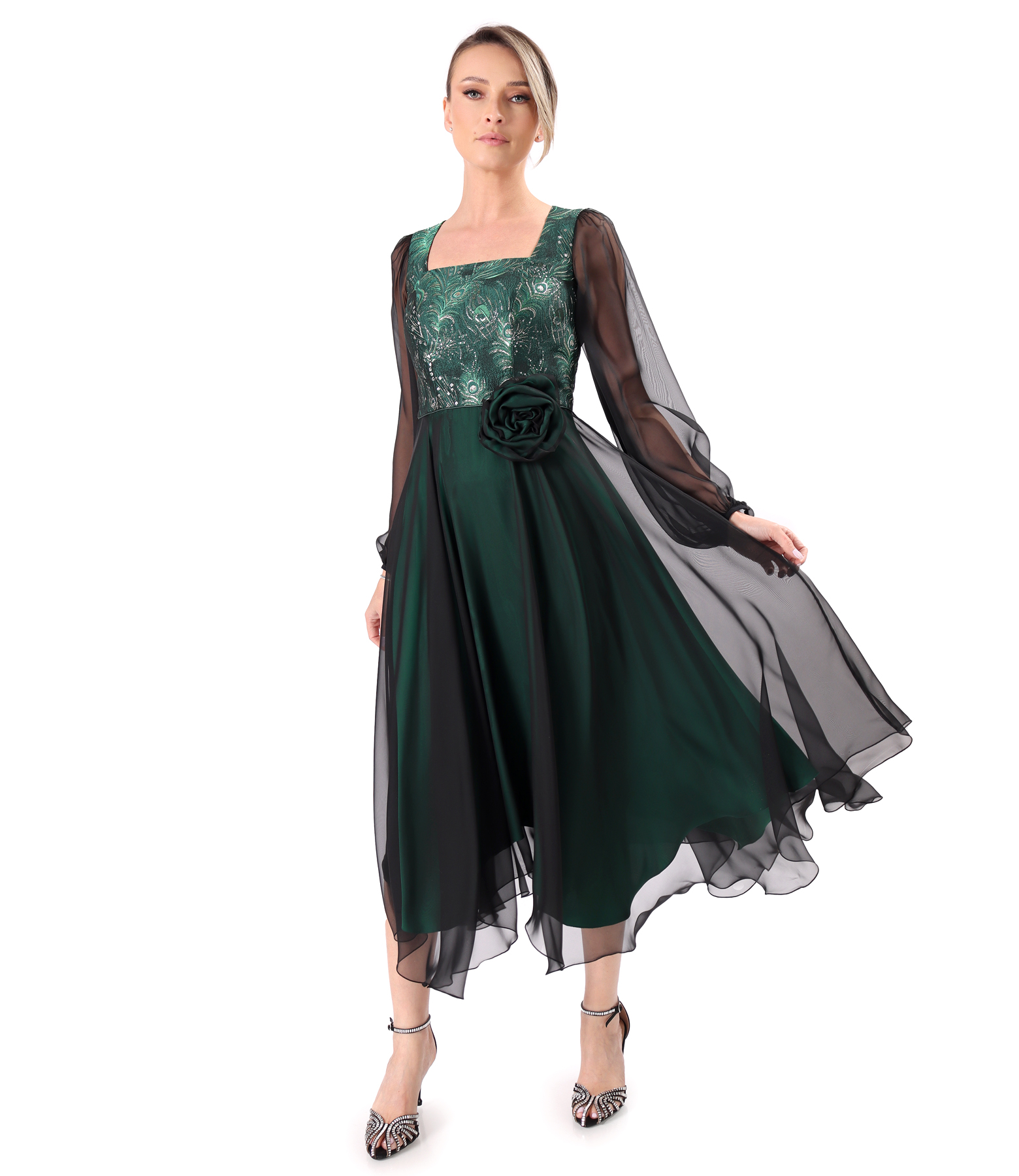 Midi evening dress with metallic brocade bodice