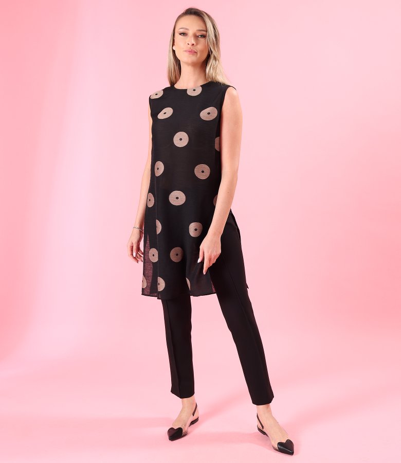 Long viscose and linen blouse in polka-dot jacquard