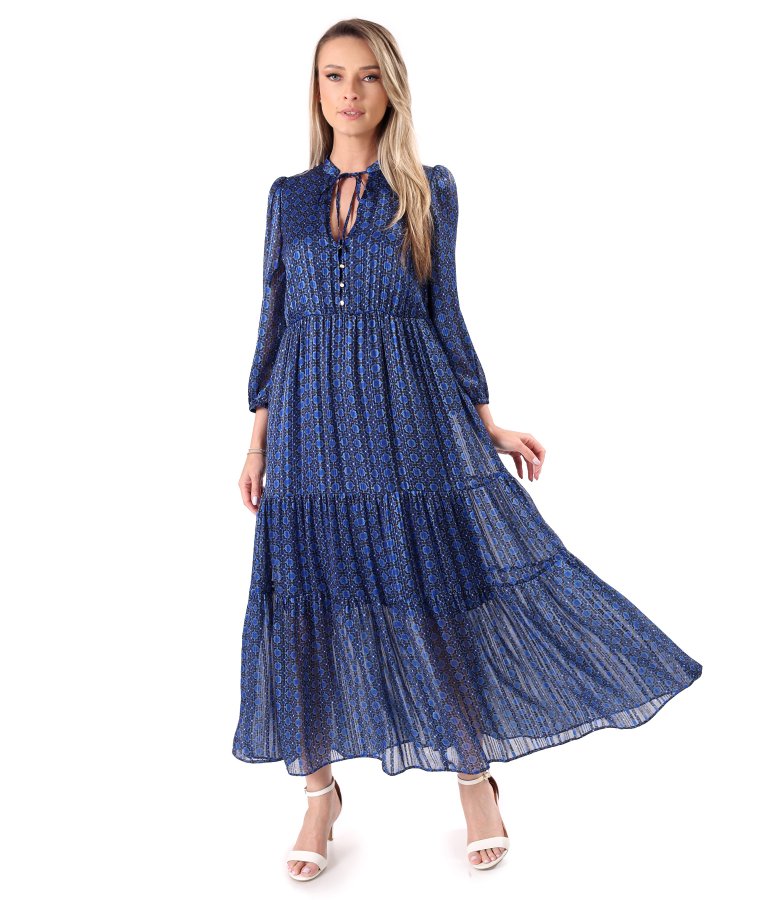 Long ruffled dress in floral chiffon with lurex yarn