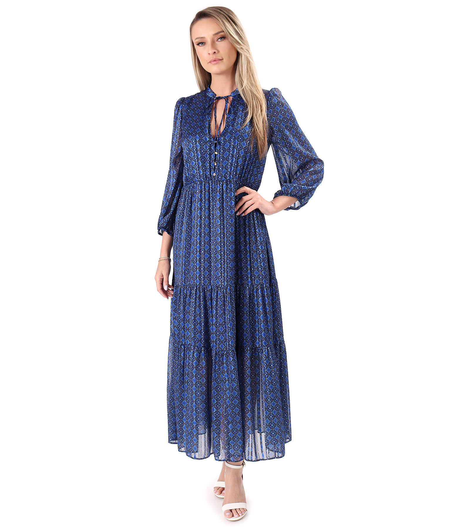 Long ruffled dress in floral chiffon with lurex yarn