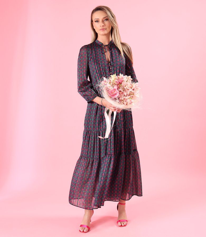 Long ruffled dress in lurex chiffon with floral print