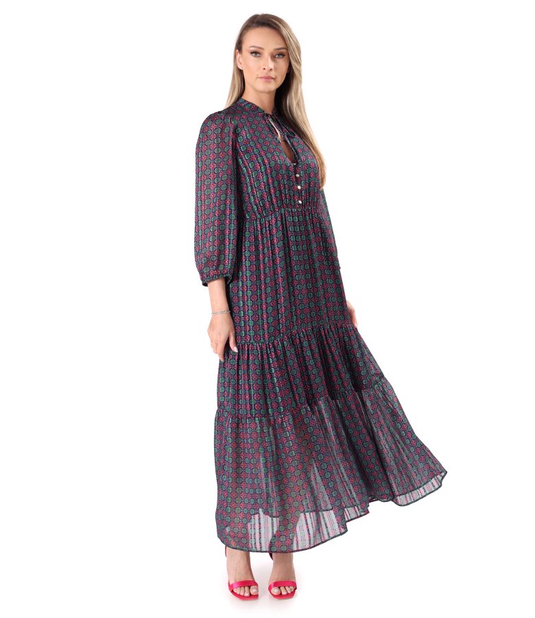 Long ruffled dress in lurex chiffon with floral print