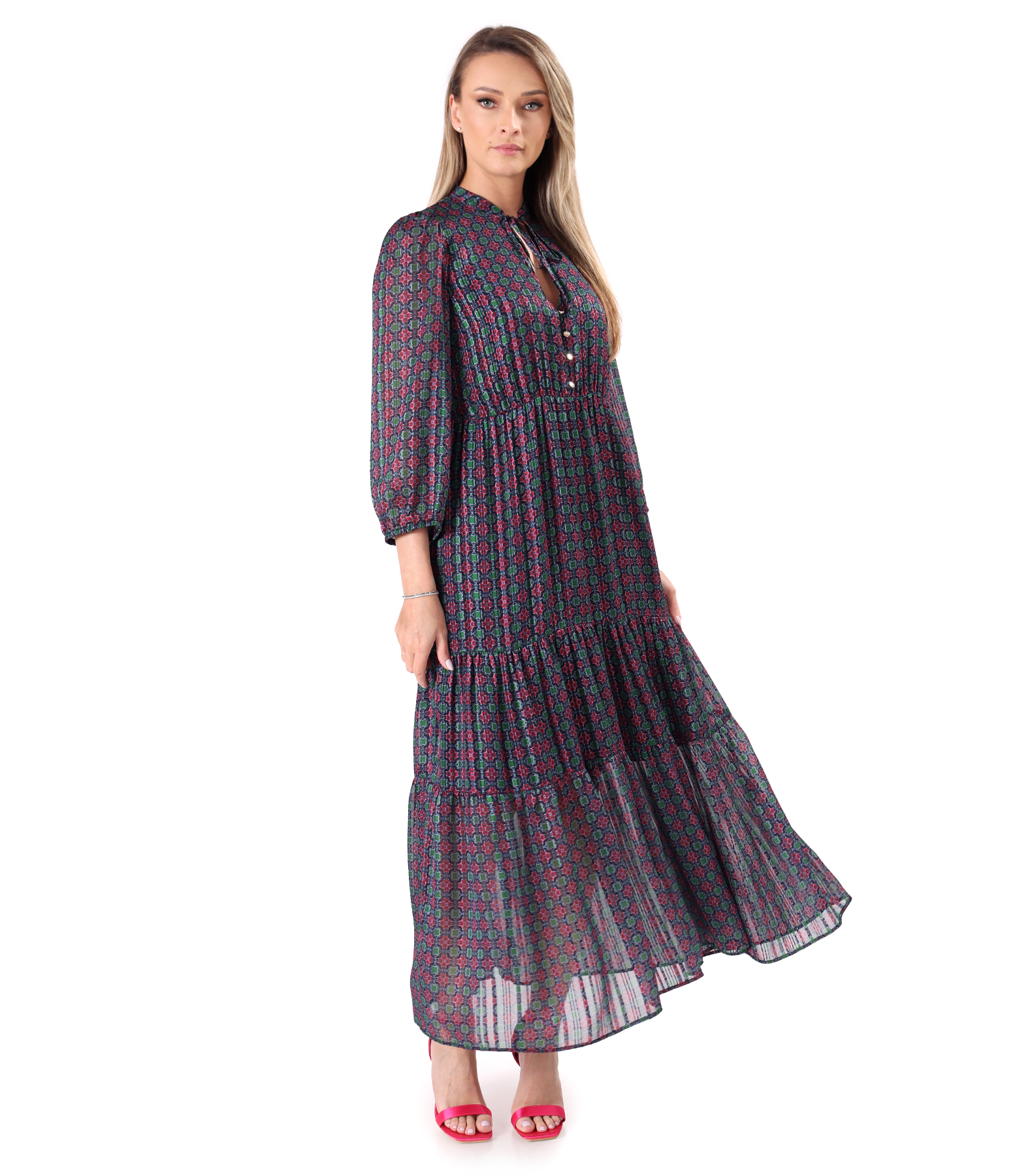 Long ruffled dress in lurex chiffon with floral print