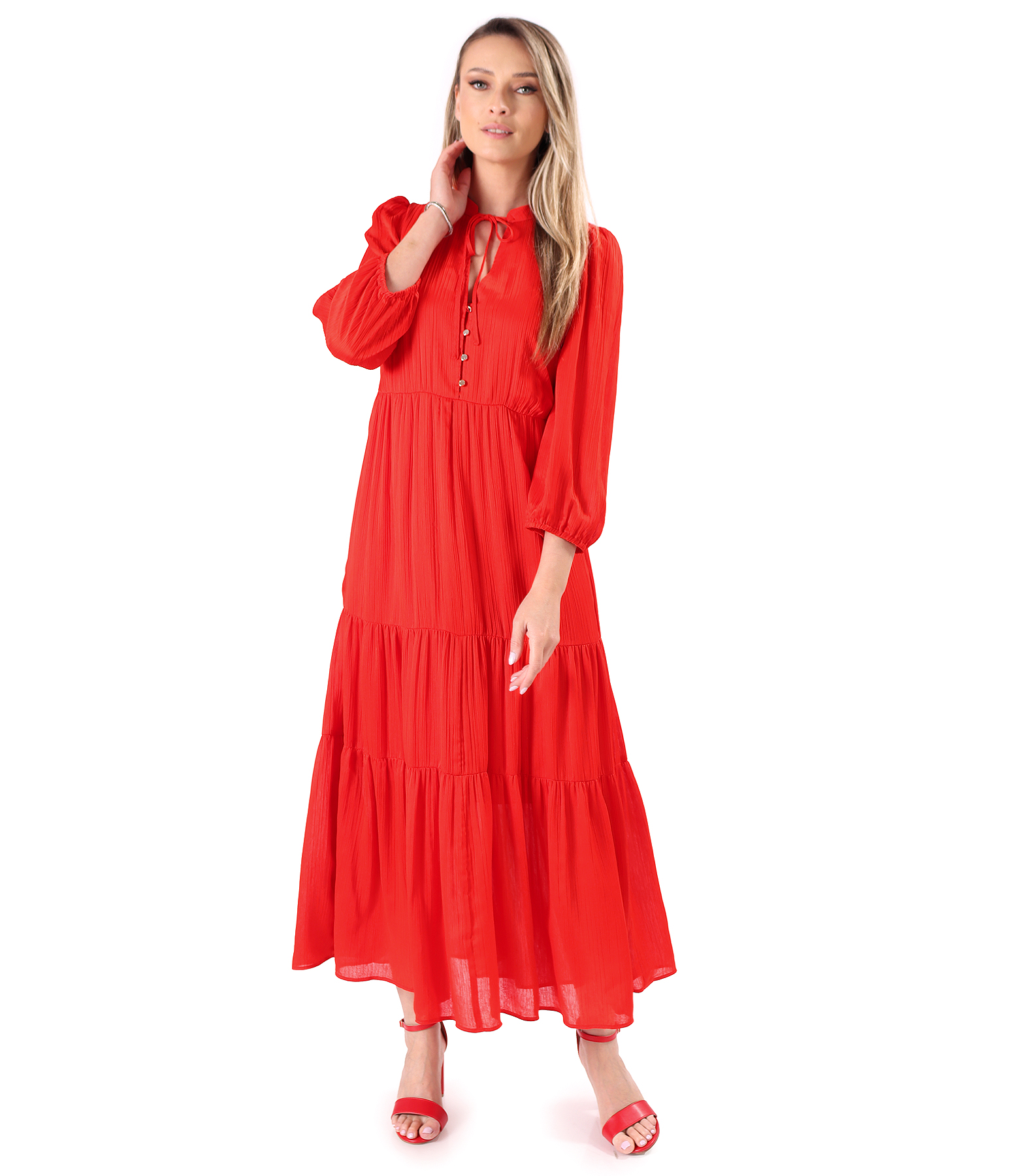 Long ruffled dress in plain chiffon