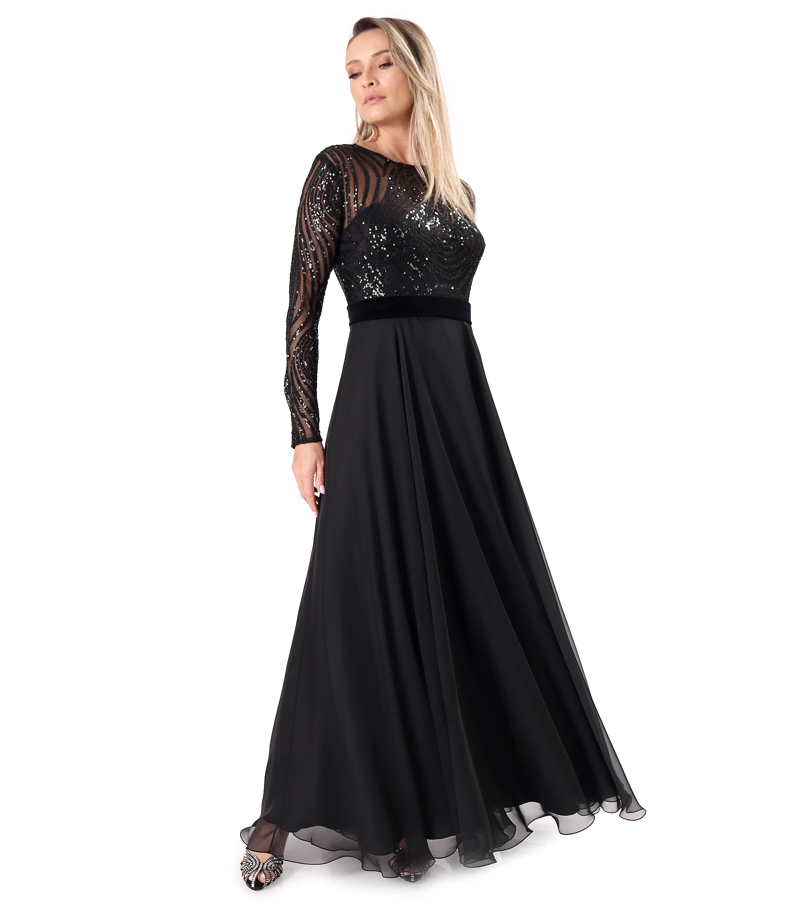 Long evening dress with a sequin tulle bodice