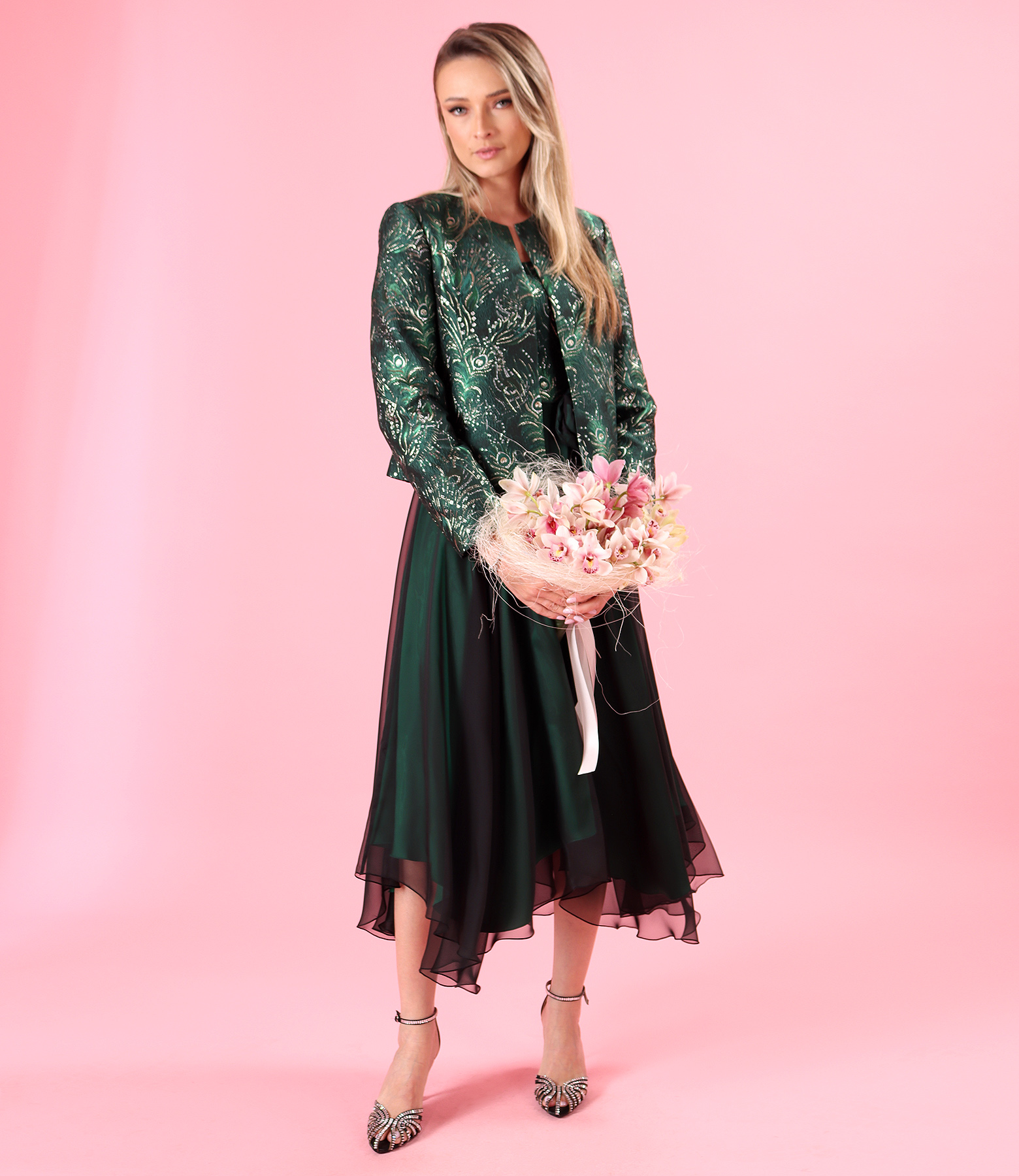 Evening set with jacket and dress in floral jacquard with metallic yarn