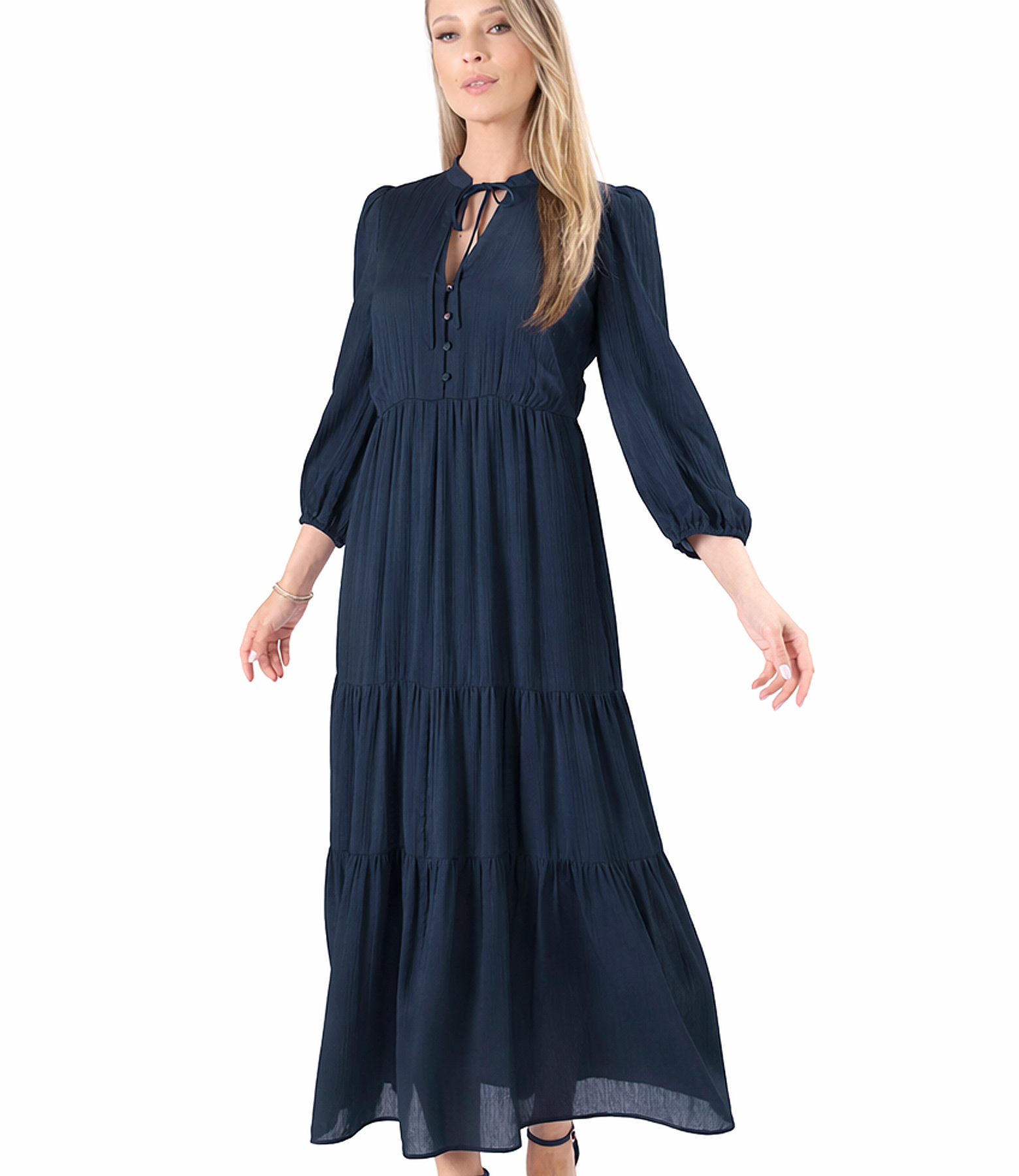Long ruffled dress in plain chiffon