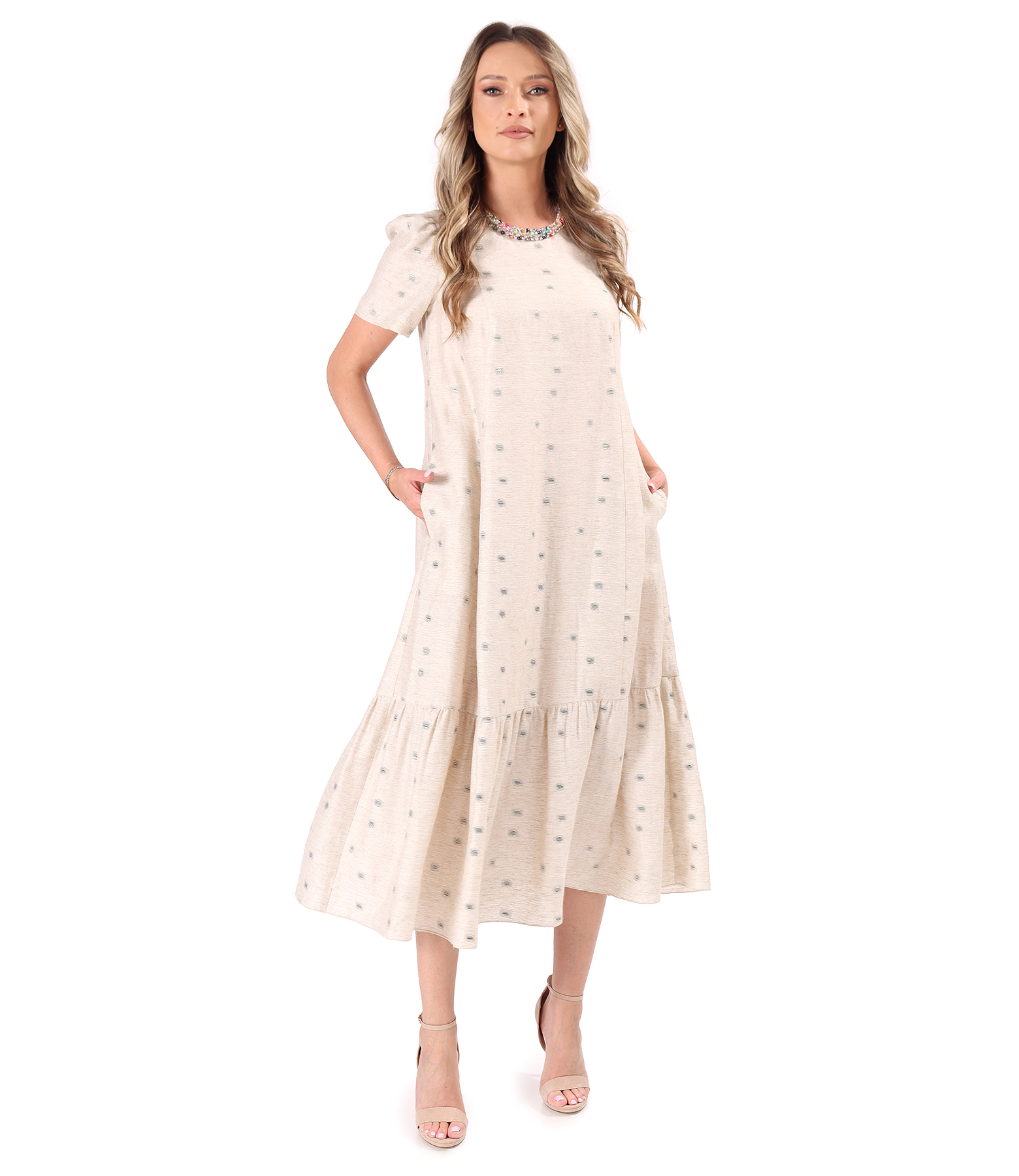 Midi dress in a viscose-linen blend with metallic yarn