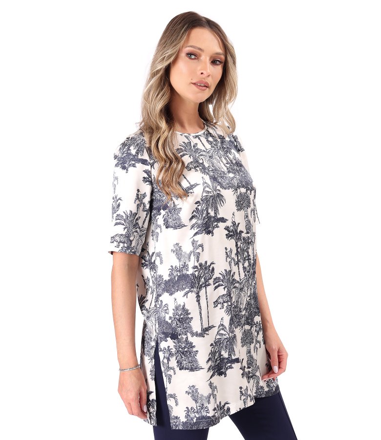 Long printed satin viscose blouse