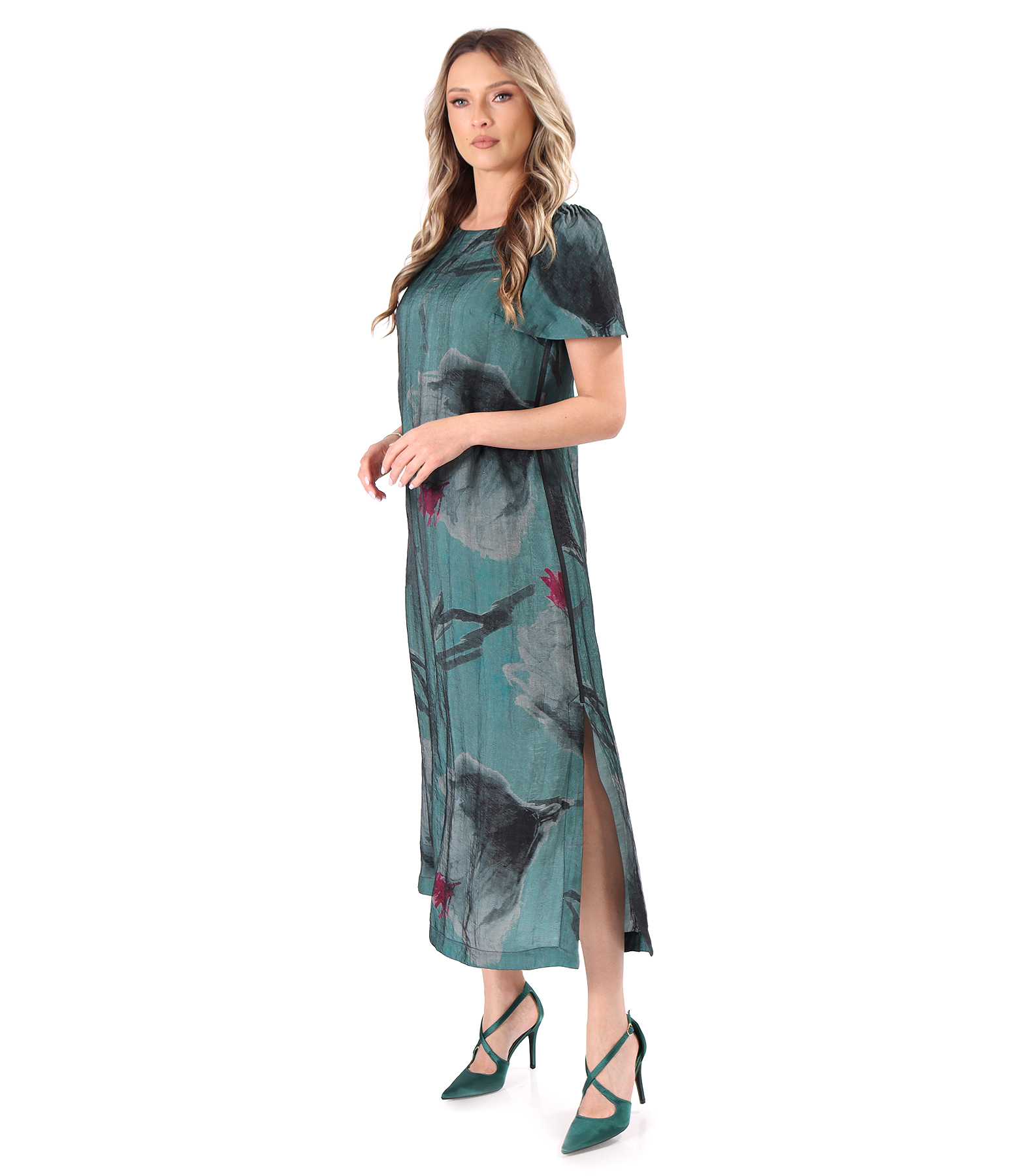 Long viscose dress layered with organza