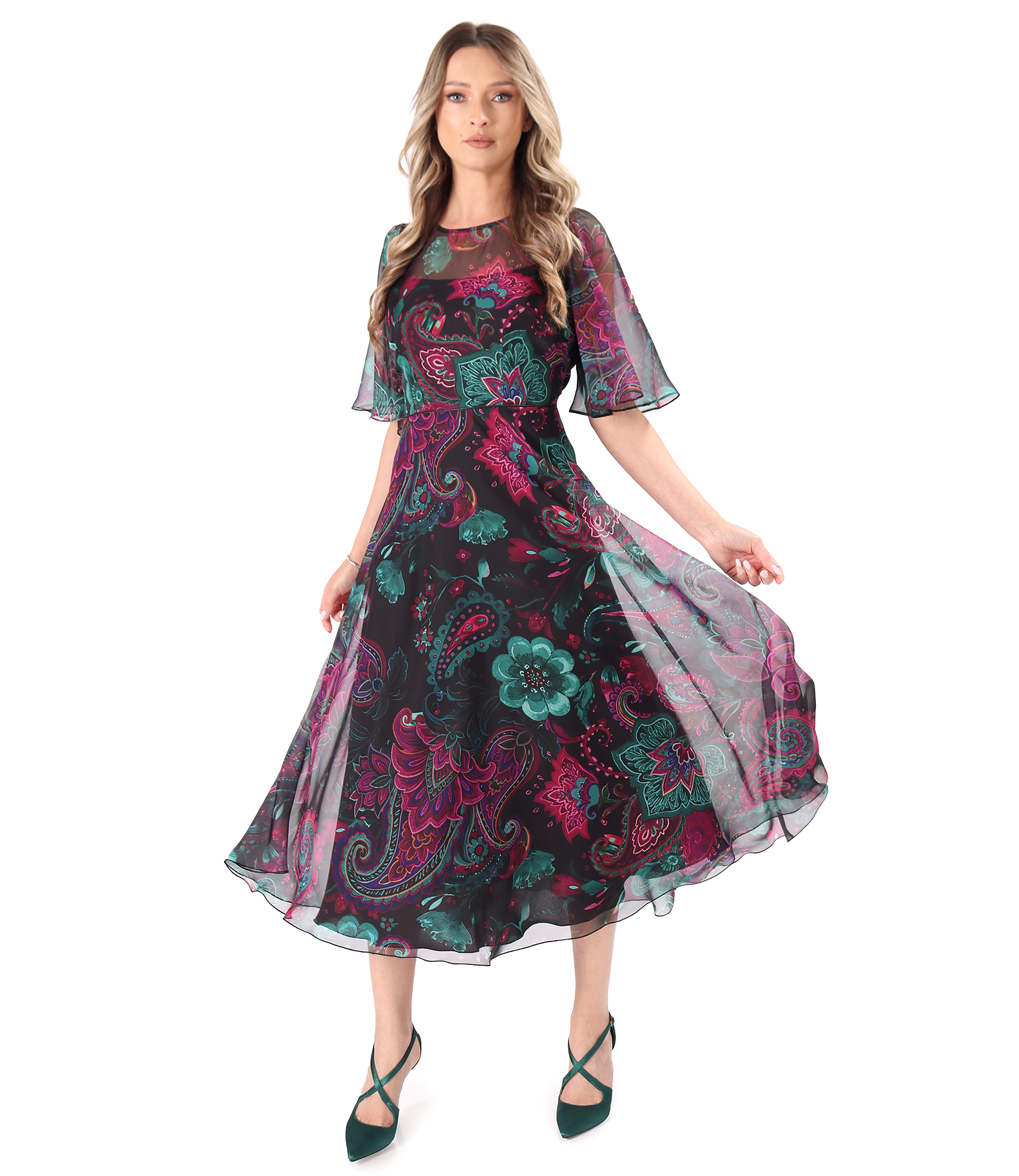 Midi dress in fine floral-print chiffon