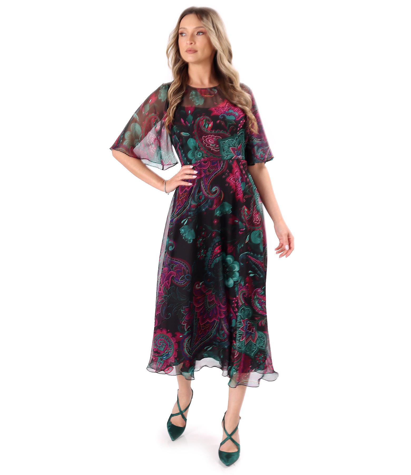 Midi dress in fine floral-print chiffon
