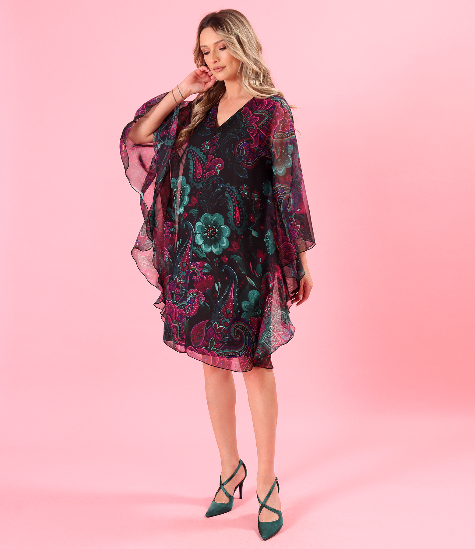 Butterfly dress made of digital printed veil with floral motifs