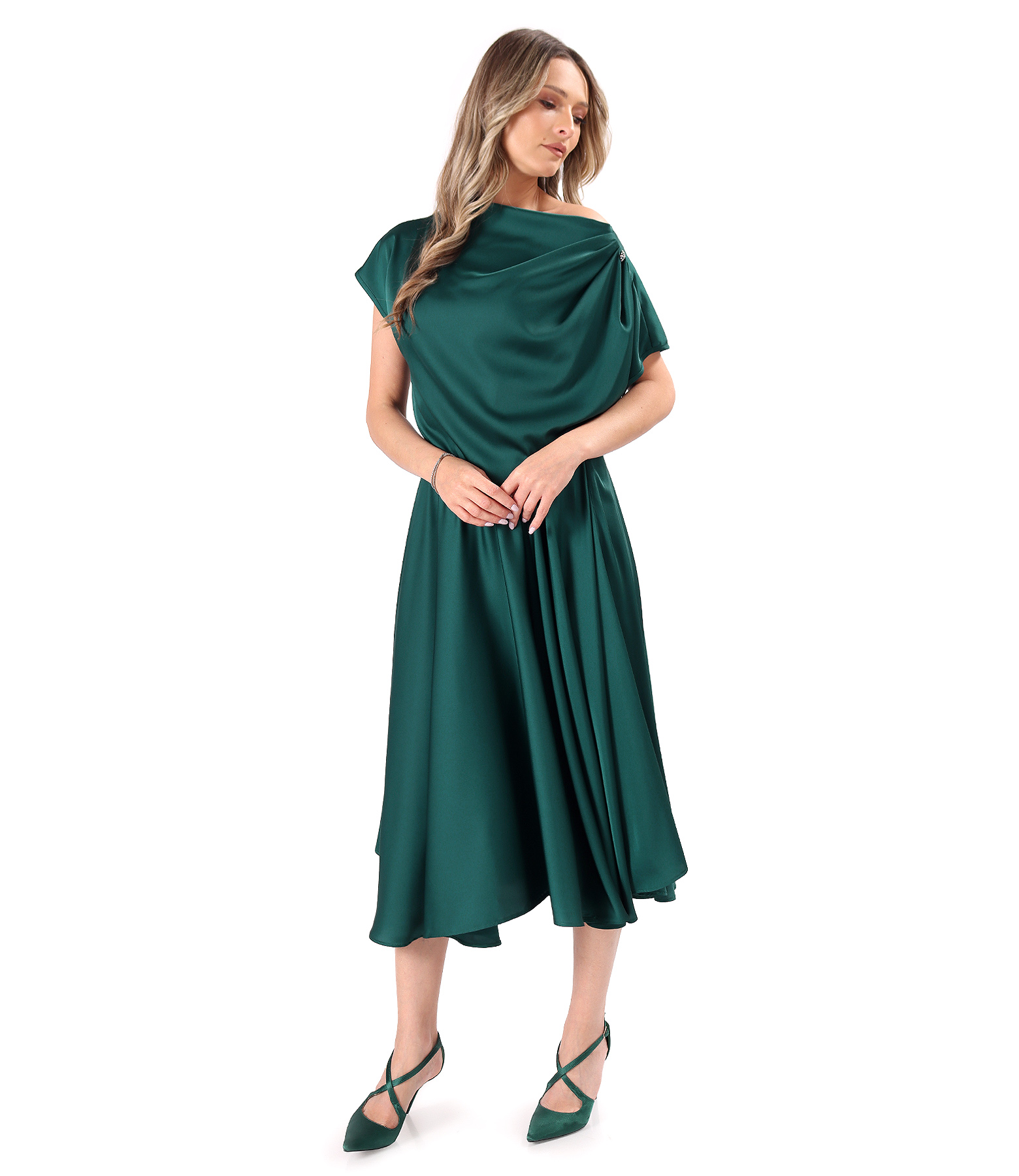Midi dress in stretch satin with boat neckline