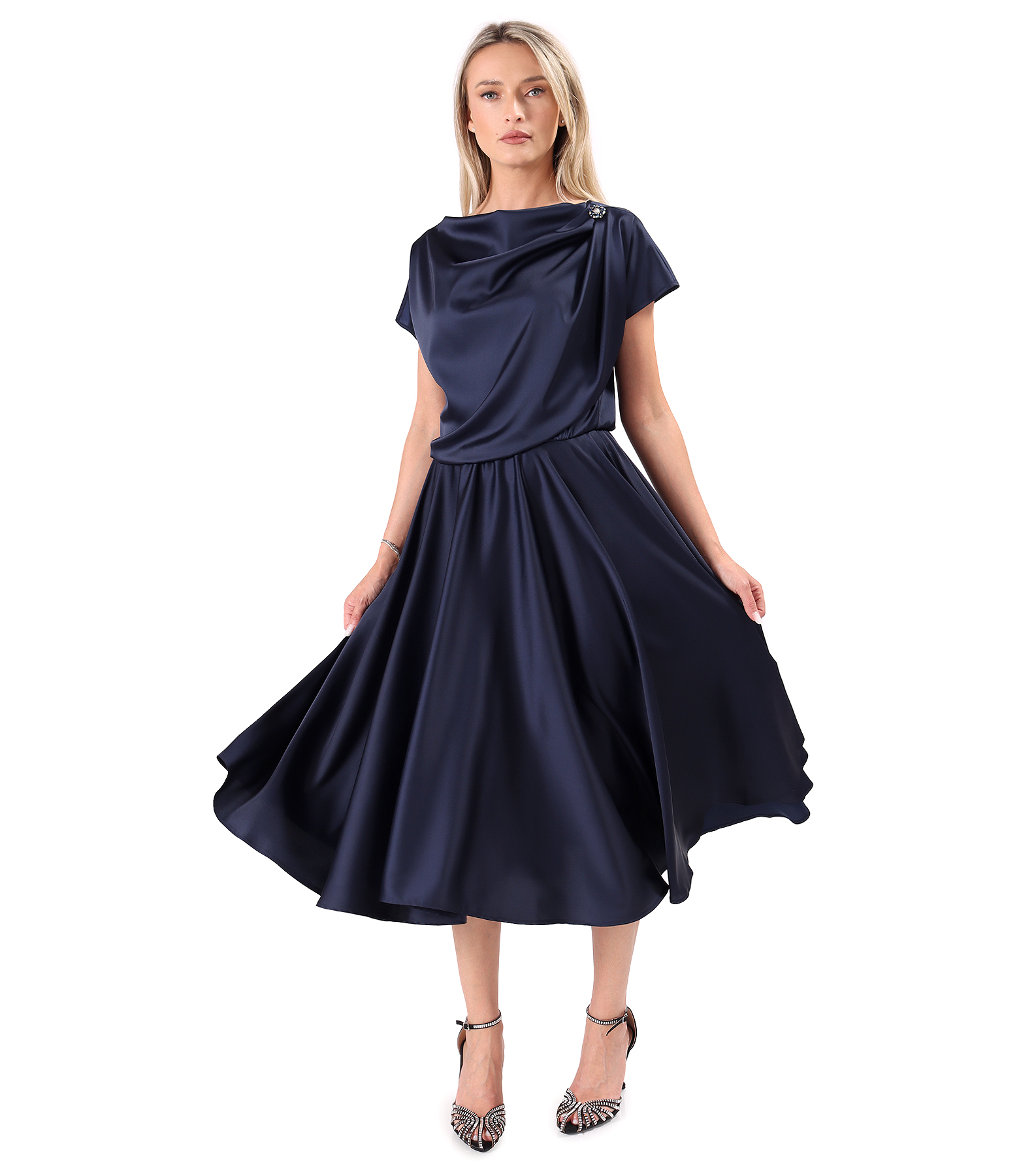 Midi dress in stretch satin with boat neckline
