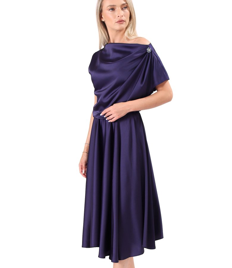 Midi dress in stretch satin with boat neckline