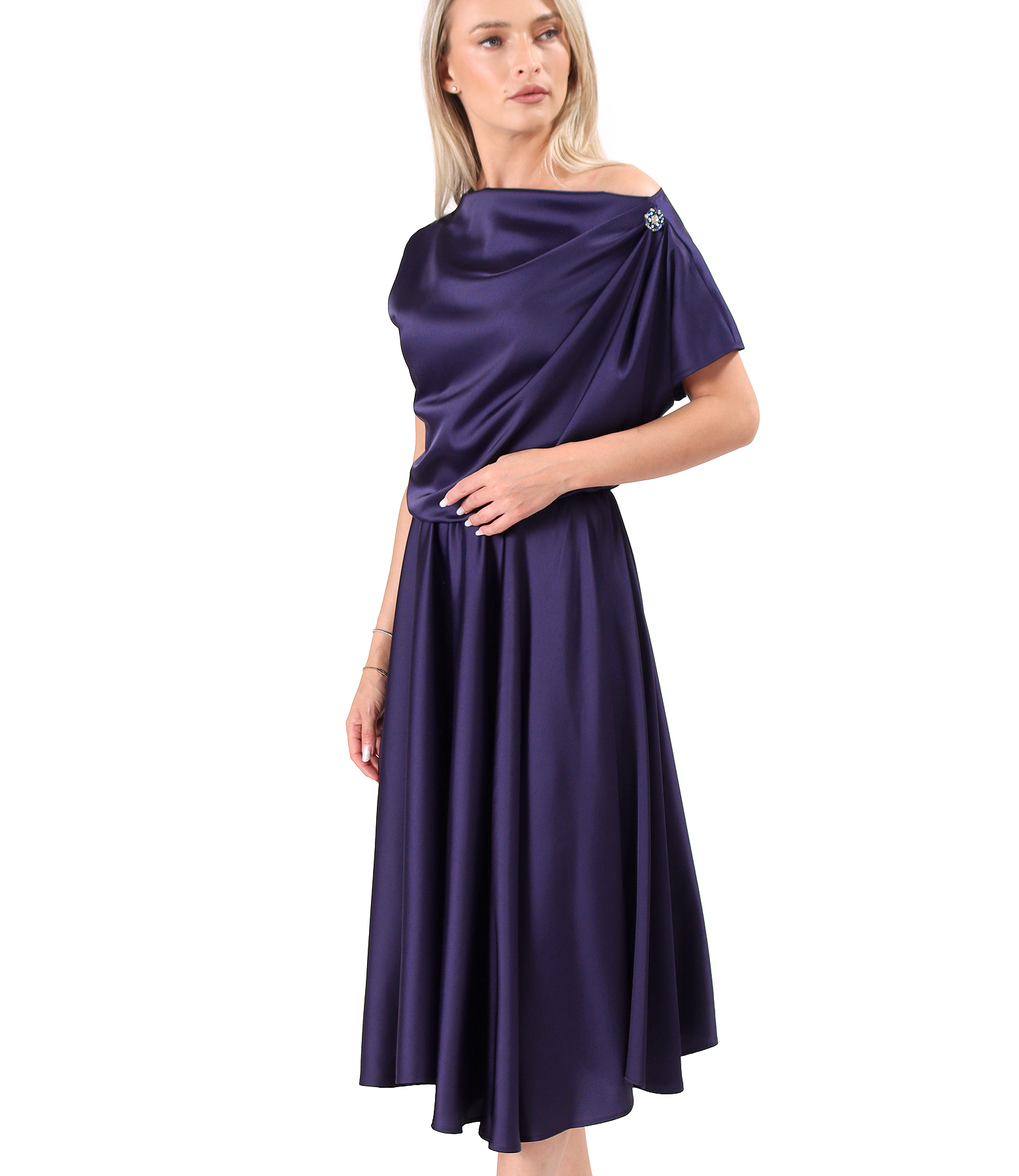Midi dress in stretch satin with boat neckline