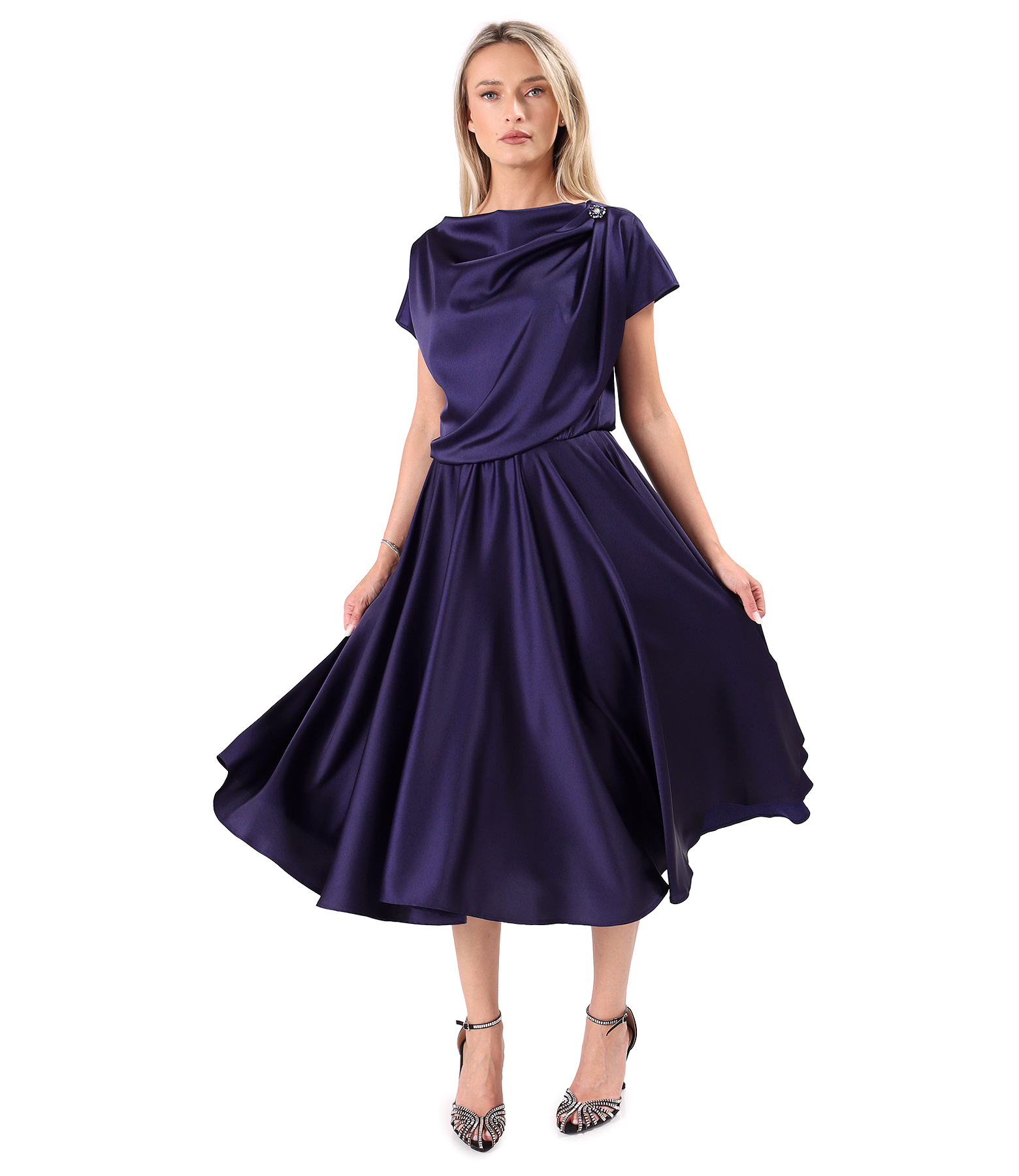 Midi dress in stretch satin with boat neckline