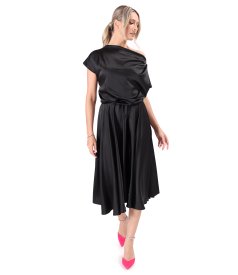 Midi dress in stretch satin with boat neckline