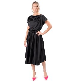 Midi dress in stretch satin with boat neckline
