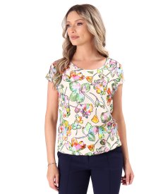 Relaxed-fit viscose blouse with floral print and textured yarn