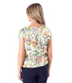 Relaxed-fit viscose blouse with floral print and textured yarn