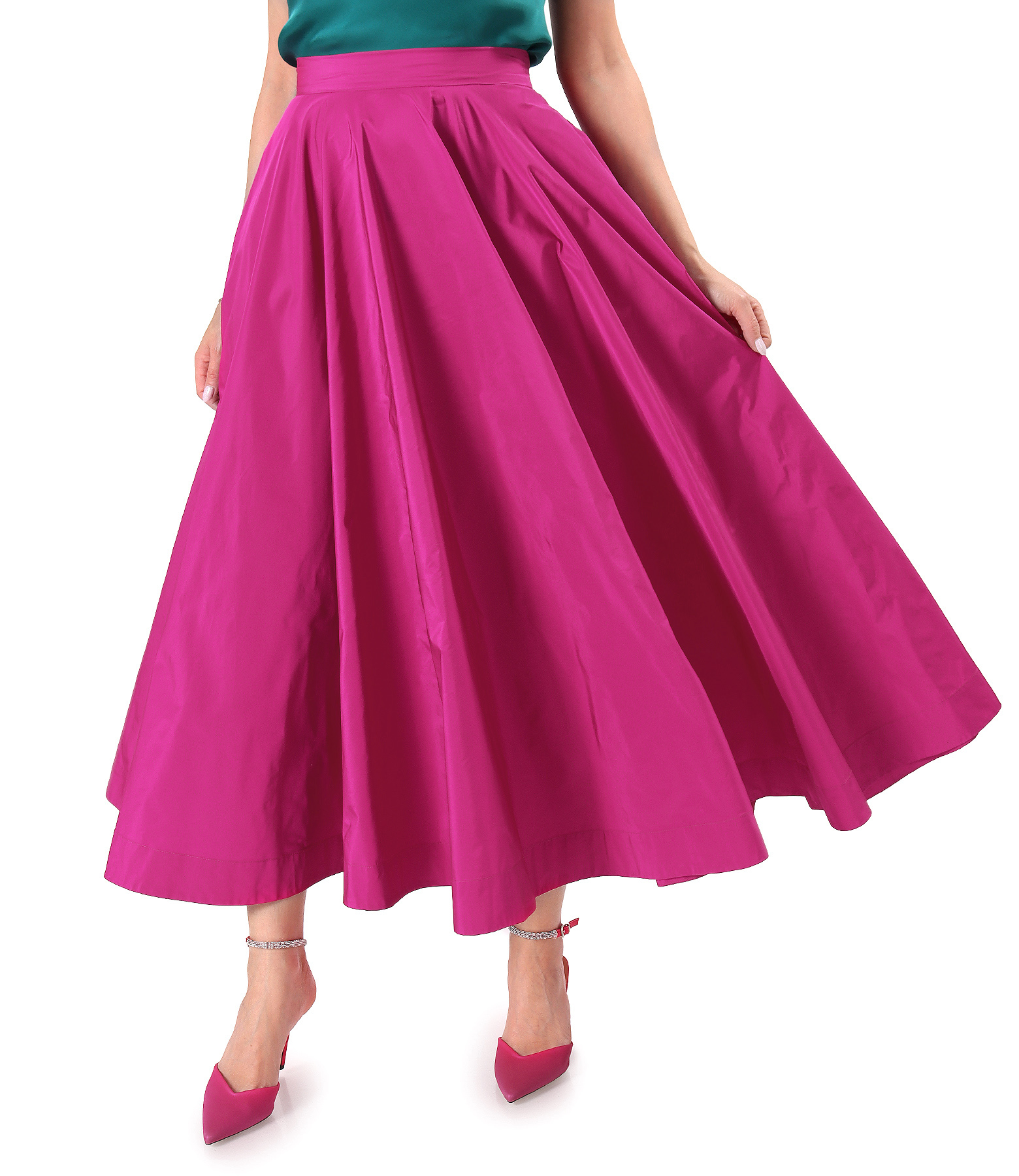 Long flared skirt in lightweight taffeta with decorative elastic at the back