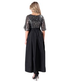 Long cocktail dress with voluminous sleeves and a sequin bodice
