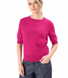 Fine-knit cotton blouse with short sleeves