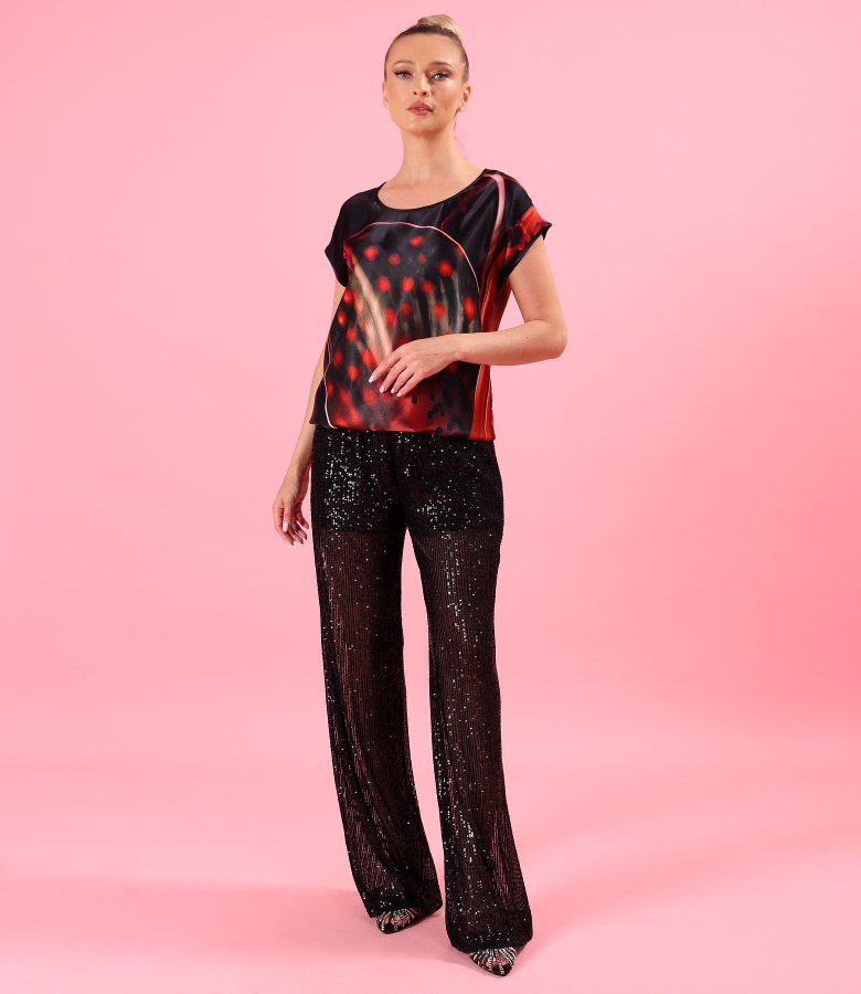 Relaxed-fit satin viscose blouse with oversized floral print