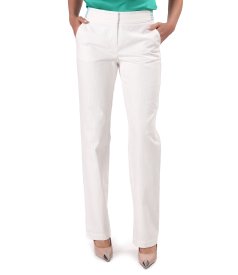 Pantaloni drepti din bumbac tip denim alb-ecru