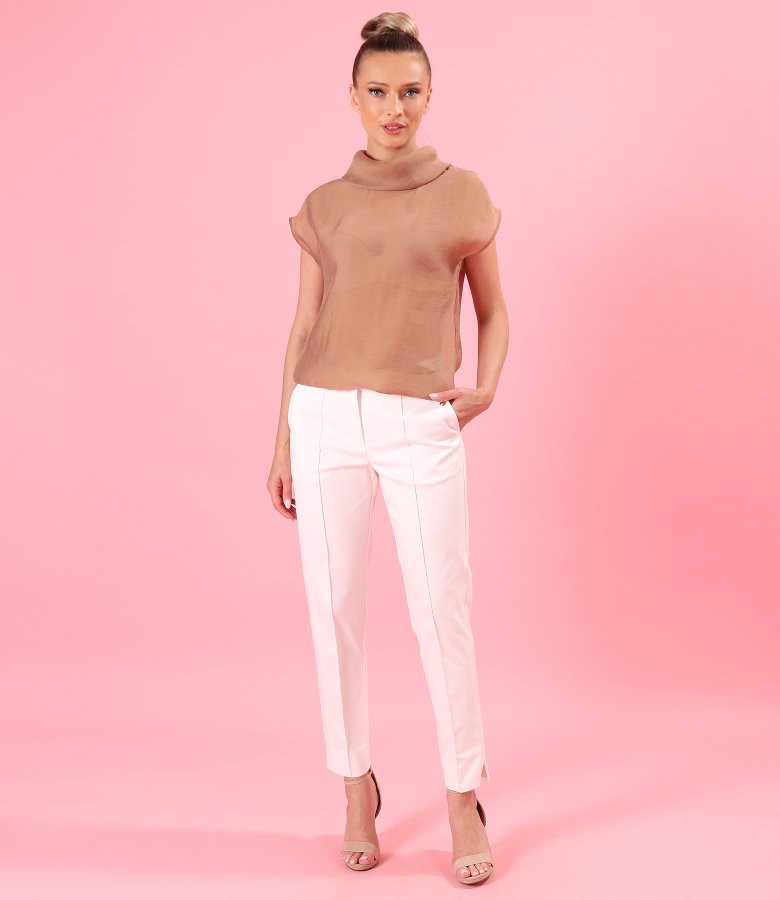 Elegant stretch cotton trousers with decorative elasticated waistband